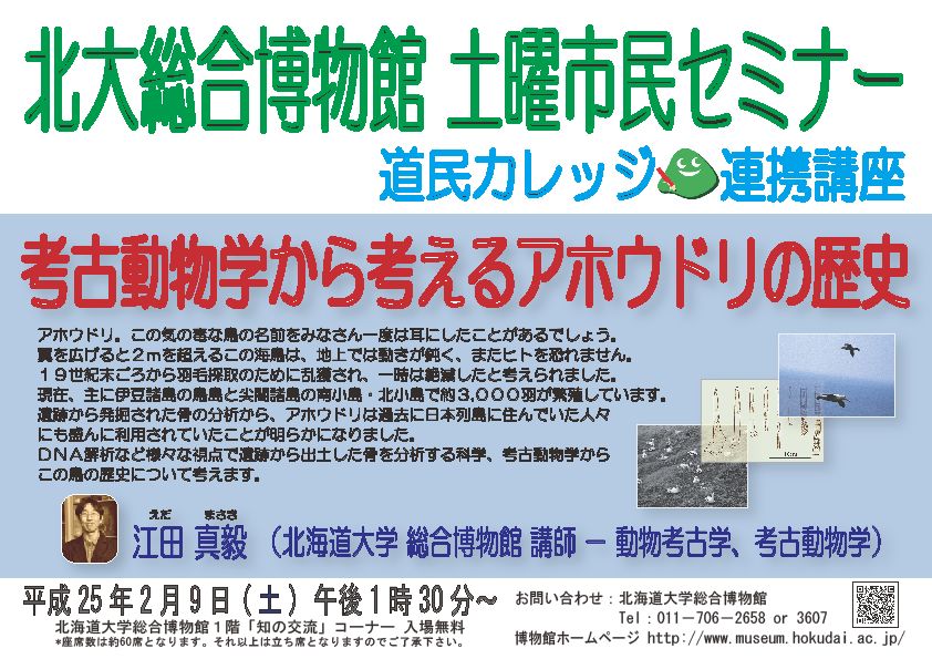 【2月9日 開催】 北大総合博物館 土曜市民セミナー「考古動物学から考えるアホウドリの歴史」 が開催されます