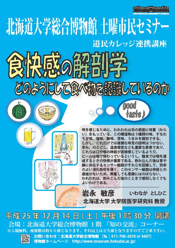 【12月14日 開催】 北大総合博物館 土曜市民セミナー 「食快感の解剖学 ： どのようにして食べ物を認識しているのか」